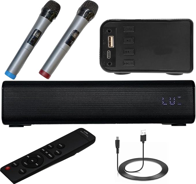 Pyle Wireless Soundbar with Mic and Remote Control, 10 inches 20W 2 Wireless Microphones, 5.0, A2DP, AVRCP Bluetooth Karaoke Sound System, USB, AUX-in, AUX Out,Black