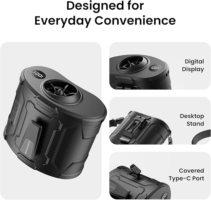KIWIHOME Portable Waist Fan with 360° Rotatable Airflow & 10° Vertical Adjustment, Clip-On Belt Fan with Physical Power Switch, 4-in-1 Wearable Fan for Outdoor Work, Camping, Travel, Summer Events