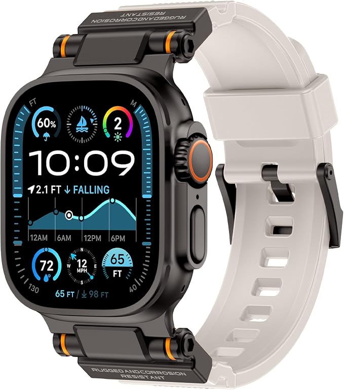 FOAMUNOC Rugged Band Compatible with Apple Watch Ultra 3/2/1 Band 49mm/46mm/45mm/44mm/42mm, Metal Connector with Strap for iWatch Ultra Series 11/10/9/8/7/6/SE3/SE2/SE/5/4/3/2/1, Starlight/Black