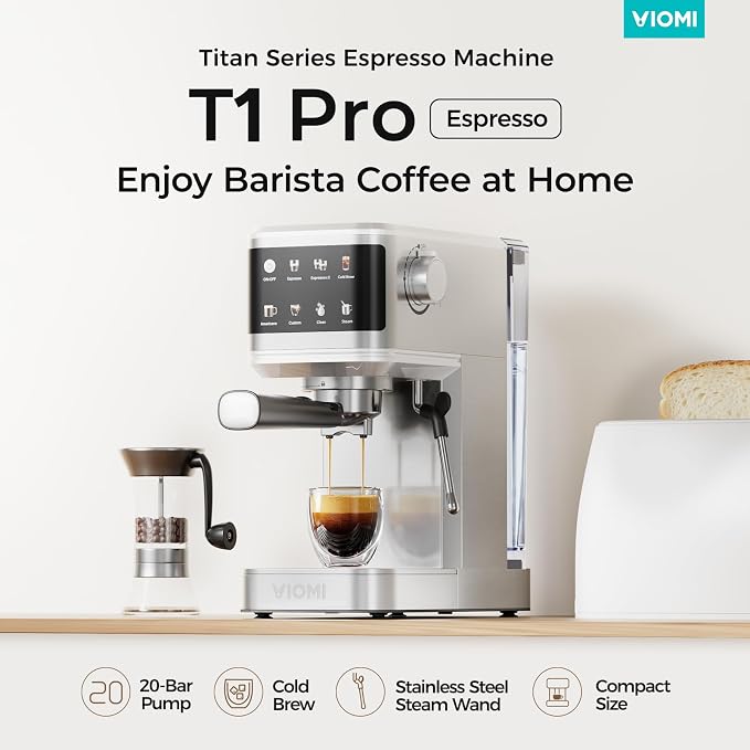 VIOMI T1A Pro Espresso Machine 20 Bar, Compact Espresso Maker with Milk Frother, Stainless Steel Coffee Maker with NTC Temp Control, Cold Brew Coffee Machine for Home Barista, Silver