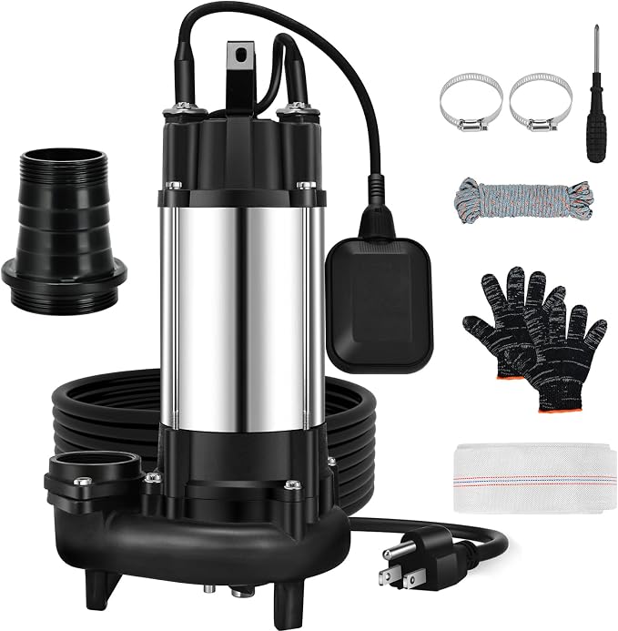 1 HP Sewage Grinder Pump, 115V Grinder sump pump, Stainless Steel, Automatic Float Switch, Cast Iron Impeller, 2'' Npt Discharge, Sewage Pumps for Basement, Sump Basin, Sewage Well