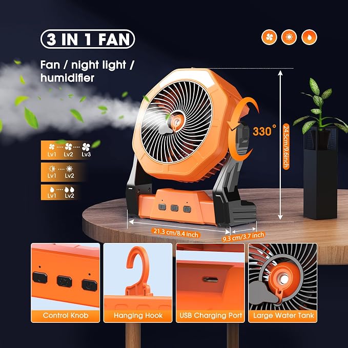 Ausic 10W Solar Fan with Mister, Misting Camping Fan with Solar Panel, Portable Outdoor Fans, 8 Inch Battery Operated Rechargeable Cooling Fans with Water Spray for Travel/Beach/Chicken Coop