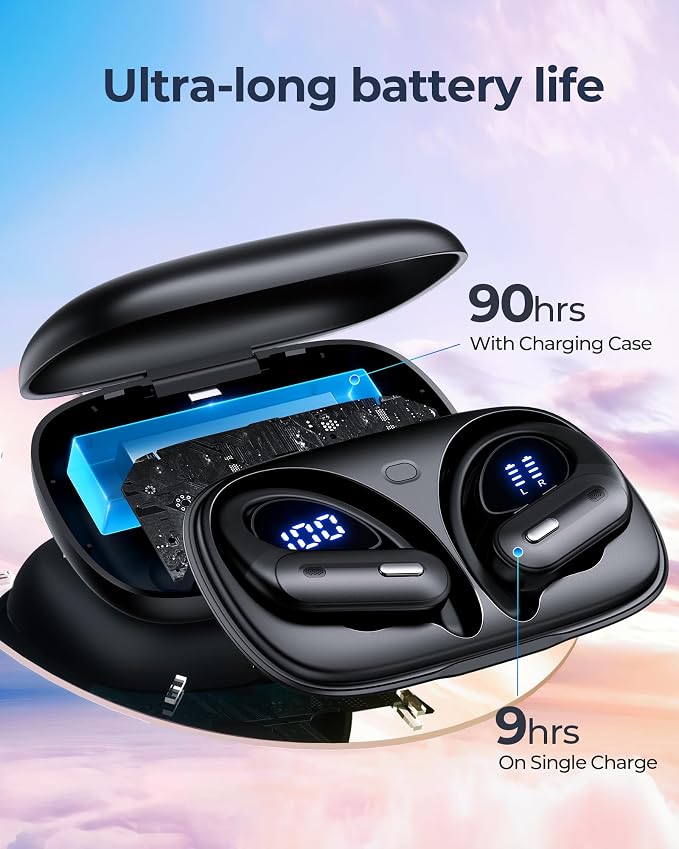 GNMN Active Noise Cancelling Wireless Earbuds Bluetooth Headphones 90 Hrs Playtime Ear Buds with Power Display Over-Ear Earphones with Earhooks IPX7 Waterproof Stereo Headset for (Black)