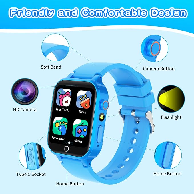 Cosjoype Kids Smart Watch for Kids with 26 Puzzle Games HD Camera Video MP3 Player Habit Tracking Learn Card Flashlight 12/24 hr Kid Watches Gift for 5-12 Year Old Boys Toys for Kid