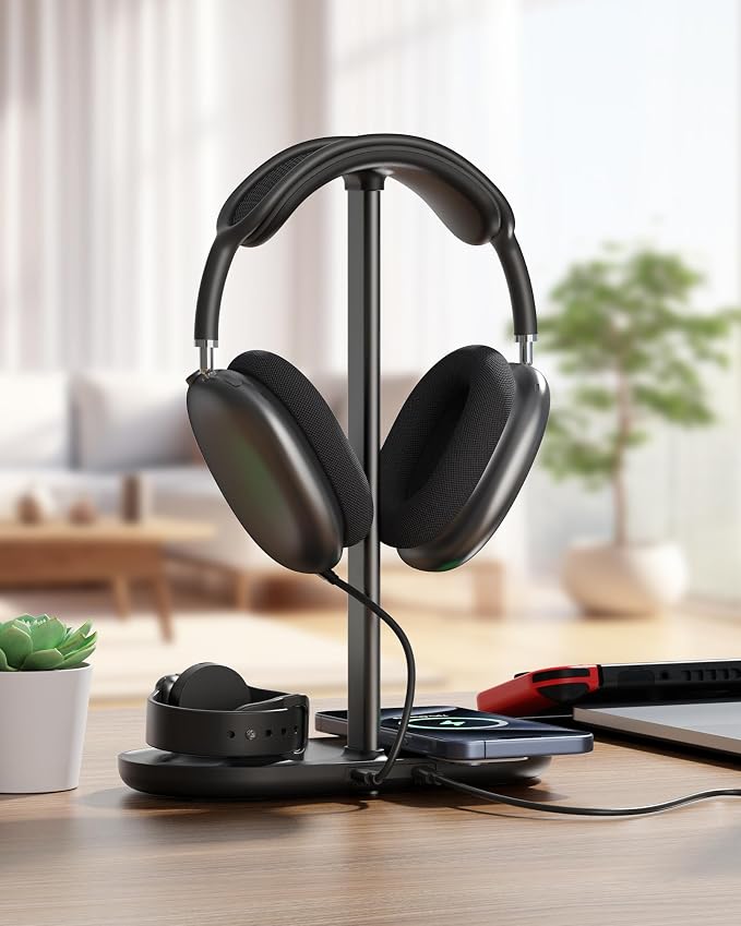 HiWe Headphone Stand, 2-in-1 Wireless Charger for iPhone/Apple Watch, Aluminum Alloy Rod, Minimalist Desk Organizer, Black