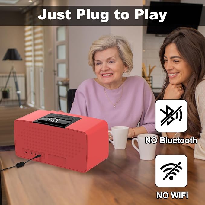 Simple Music Player for Elderly, Easy Audiobook Player with 32GB TF Card & Card Reader for Dementia, Alzheimers, Visually Impaired, Low Vision Patients, Wired - Red