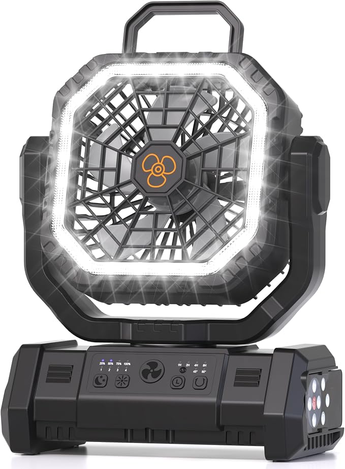 Portable Fan Rechargeable, 20000mAh Cordless Battery Powered Camping Fan with LED Light & Remote, 4 Speeds Wind, Timer, USB C, Hanging Hook, Oscillating Fans for Travel Tent, Camping Essentials