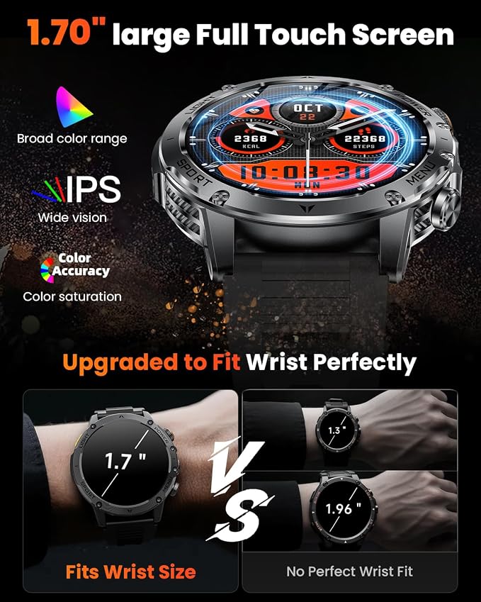 Military Smart Watches for Men (Answer/Make Calls), Smart Watch with 100-Days Extra-Long Battery, IP68 Waterproof, Heart Rate/Sleep Monitor 100+ Sport Modes 1.7″ Fitness Watch for Android/iPhone