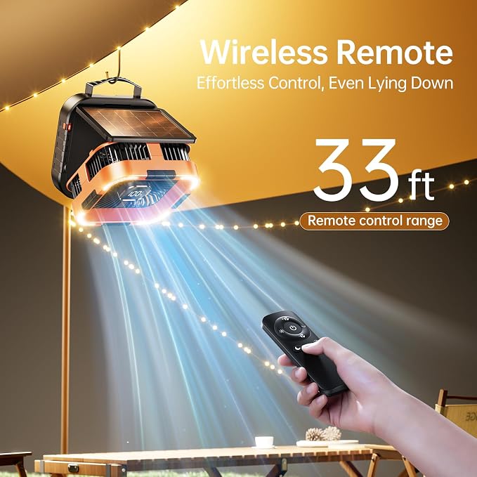 KIMMOO Solar Camping Fan with Light-10000mAh Rechargeable Portable, 6 Speeds, Digital Display, Timer, 120° Oscillation, Cordless Battery Powered Fan for Home Outdoor Tent Travel BBQ Fishing (Orange)