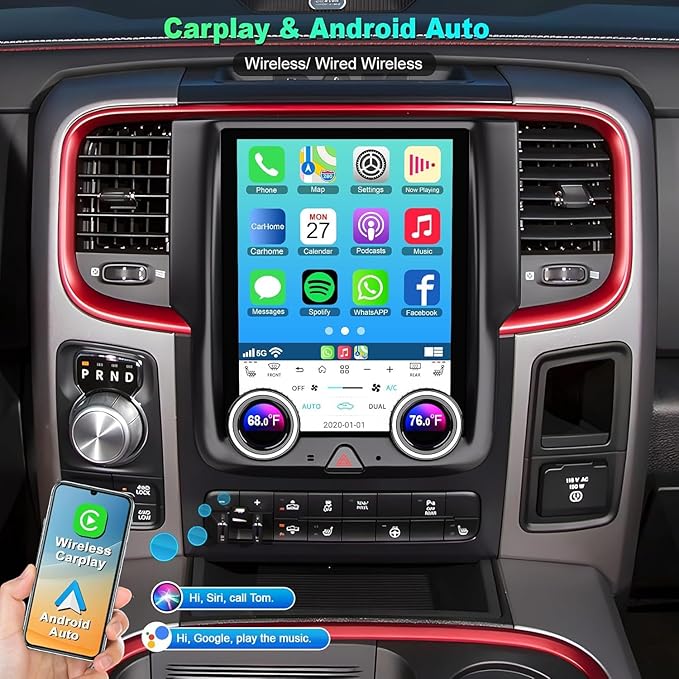 for Dodge Ram 1500/2500/3500 Auto AC Android 13 Car Radio 8-core, 10.4 Inch IPS Touch Screen Car Stereo with Wireless Carplay/Android Auto,GPS, WiFi, Bluetooth, FM, DVR