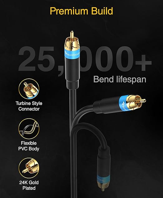 BlueRigger Subwoofer Cable 8FT (Dual Shielded RCA Cables for Subwoofer) Gold Plated, RCA Male to Male – Subwoofer RCA Cable for Amplifier, DAC, Receiver, Home Theater, HDTV, Soundbar