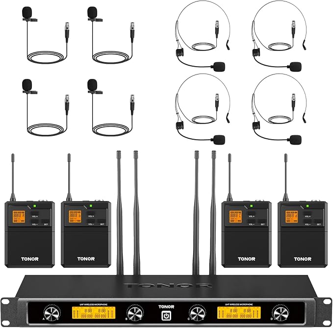 TONOR UHF Wireless Microphones System with Headset/Lavalier Lapel Mics, Bodypack Transmitter, Receiver, 4 * 10 Channels, 90 m/295ft Range for Live Singing Karaoke Church Party DJ, 4 Bodypack Mics