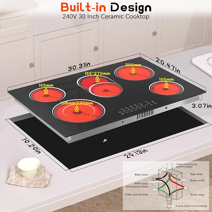 30 Inch Electric Cooktop 5 Burner 8400W Electric Stove 30 Inches Built-in Ceramic Stovetop with Touch Control, Timer, 9 Power Level, Safety Lock & Pause, 220V-240V Hard Wird (No Plug)
