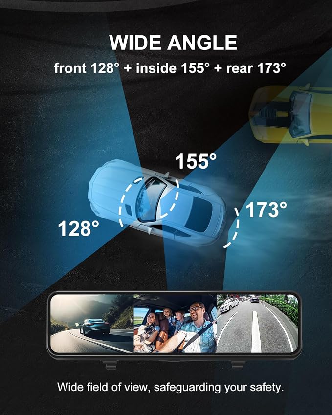 4K 3 Channel Mirror Dash Cam with Mirror Dash Cam Hardwire Kit, 24H Parking Monitor 11" Triple Rear View Mirror Dash Camera Front Inside Rear, Night Vision, Free 64GB Card, WDR, GPS, G-Sensor