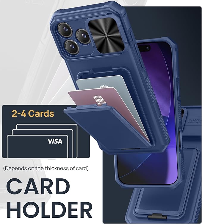 SSLOTSCASE for iPhone 17 Pro Case with Stand & Credit Card Holder & Sliding Camera Cover & Camera Stand & Wallet, Rugged Silicone Edge Protective Phone Case Cover for iPhone 17 Pro 6.3'' 5G 2025, Blue