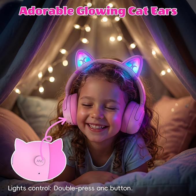 Kids Bluetooth Headphones with LED Cat Ears, Active Noise Cancelling Headphones for Kids, 85dB Safe Volume, 40H Play Time, Bluetooth 6.0, Fast Charging, Built-in Mic for iPad/Tablet/Airplane, Pink