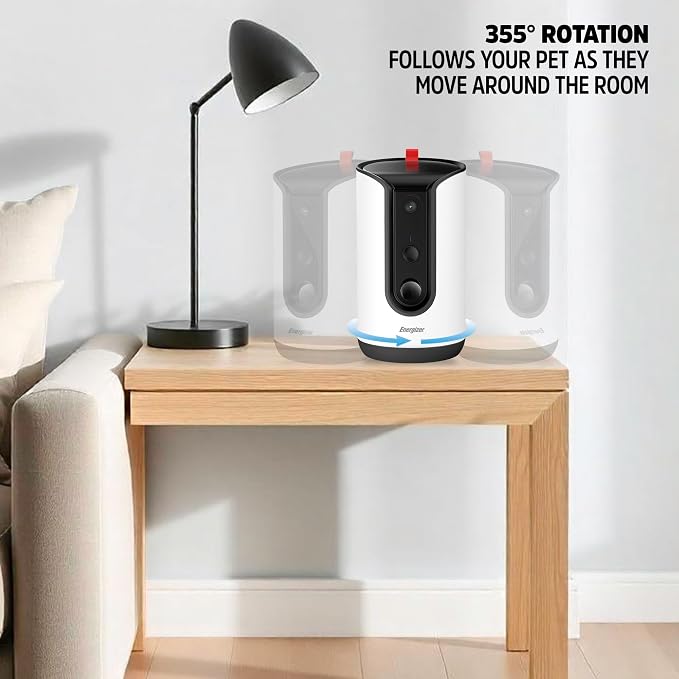 Energizer Smart Pet Treater with 2K Video Camera, 2-Way Audio, Night Vision, 5 Ghz & 2.4 Ghz Dual Band Wi-Fi, Motion Tracking, Recorded Messages, Dogs & Cats Remote Feeding, Cloud/MicroSD Card Storage