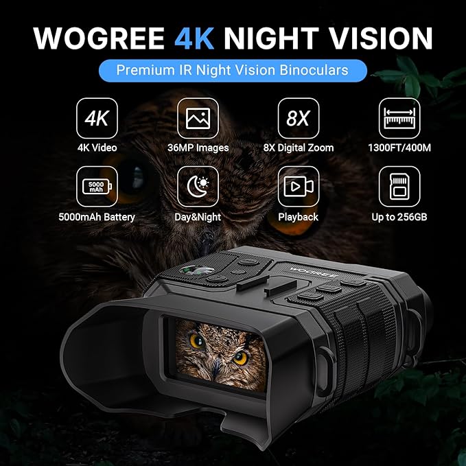 Night Vision Goggles, 4K Night Vision Binoculars for Adults, 36MP Photo, 5000mAh Rechargeable Battery, 1300FT Range, 8X Digital Zoom, Infrared Vision, 32GB SD, Flashlight & Compass for Camping