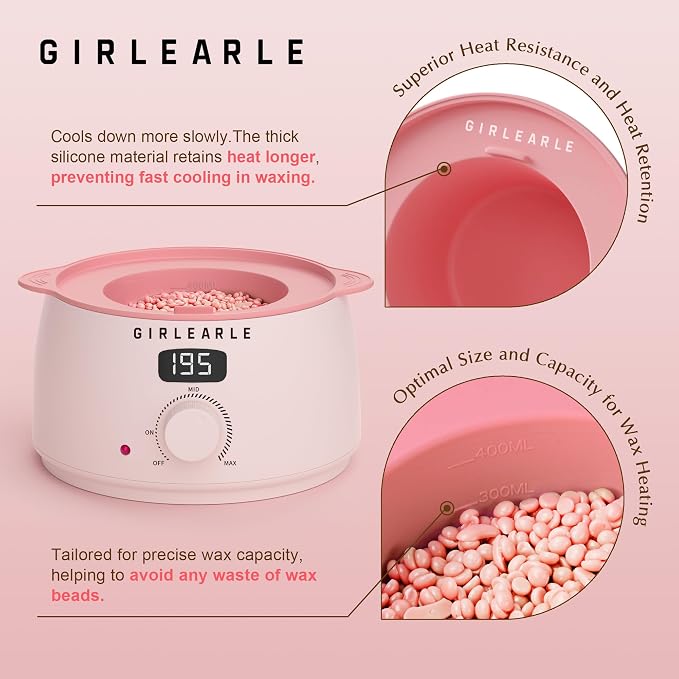GIRLEARLE Premium Digital Waxing Kit for Women Sensitive Skin, Wax Warmer Hair Removal for Men at Home with Wax Beads & Silicone Pot, Target Different Types of Brazilian Bikini, Facial, Leg, Full body
