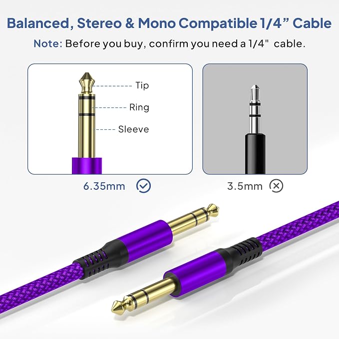 Elebase 1/4 Inch TRS Instrument Cable 20ft 2-Pack,Straight 6.35mm Male Jack Stereo Audio Interconnect Cord,6.35 mm Balanced Line for Electric Guitar,Bass,Keyboard,Mixer,Amplifier,Amp,Speaker,Equalizer