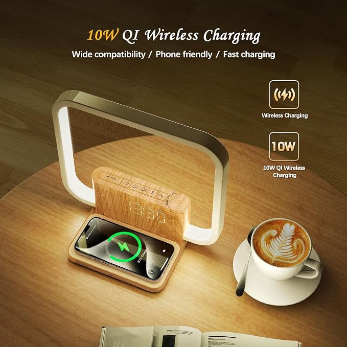 Sunrise Alarm Clock for Heavy Sleepers with Wireless Charger, Wake Up Light, Sleep Aid with 10 Nature Sounds for Bedroom, White Noise Sound Machine for Adults, 3 Way Dimmable Touch Table Lamp