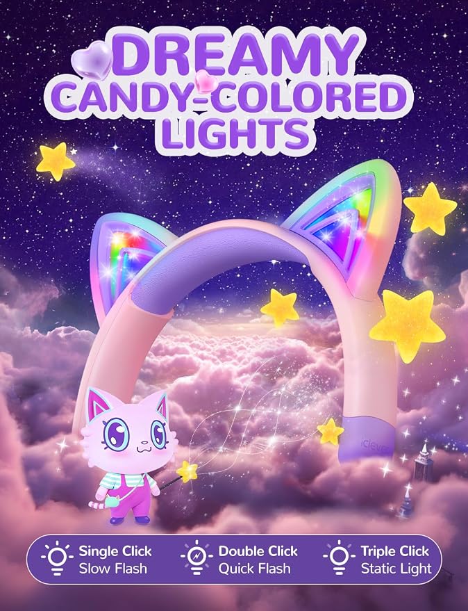 iClever Kids Bluetooth Headphones, Light Up Cat Ear,60H Playtime, USB C Fast Charging, Safe Volume 74/85dBA, Bluetooth 5.3,Toddler Headphones Wireless for iPad Tablets Travel,Meow Cookies-Peach Pink