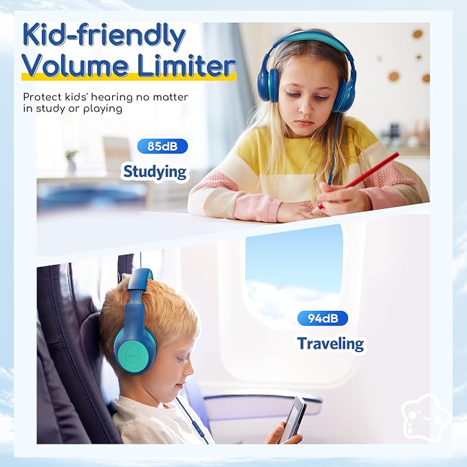EarFun Kids Headphones Wired with Microphone, 85/94dB Volume Limit Headphones for Kids, Portable Wired Headphone with Shareport, Stereo Sound Foldable Headset for School/Tablet/iPad/Kindle Blue Green