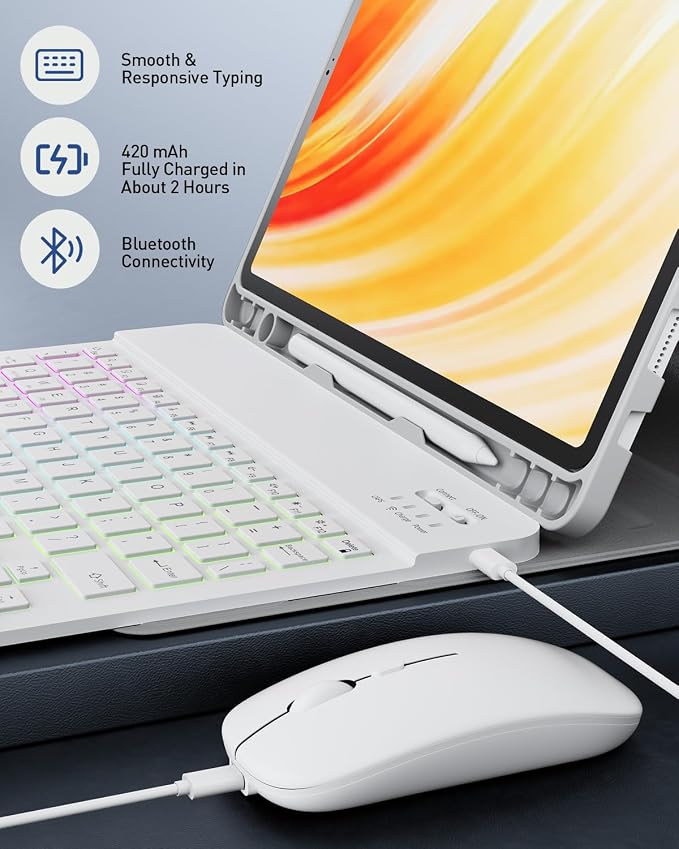 Keyboard Case for Samsung Galaxy Tab A11 Plus 11 Inch 2025/ A9+ Plus 2023 Tablet, Detachable Rainbow Backlit Wireless Keyboard and Mouse, Slim Stand Cover with S Pen Holder(White Marble)
