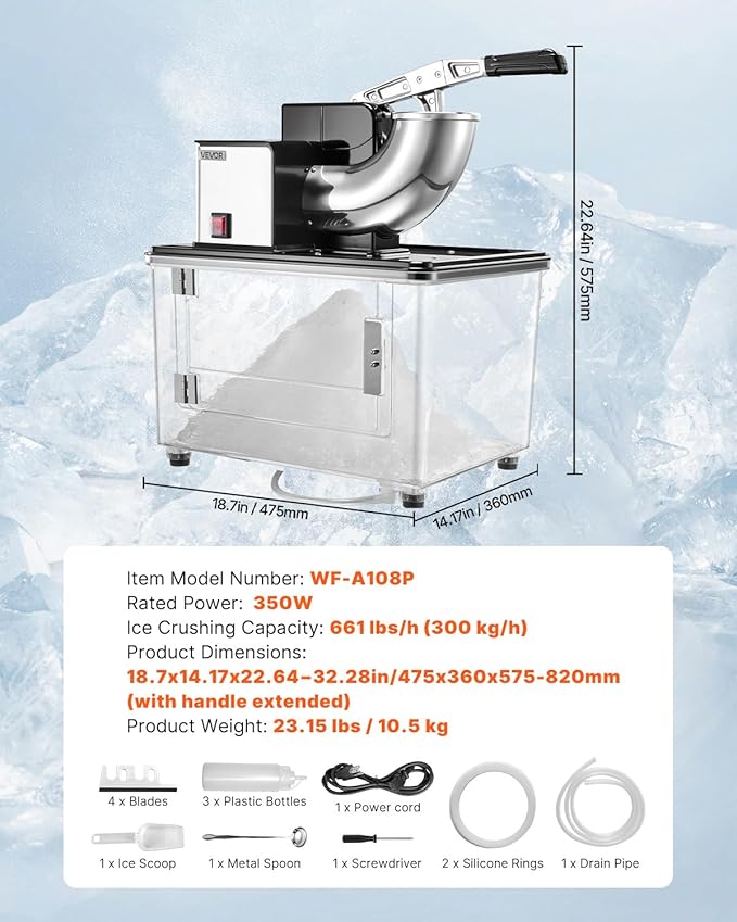 VEVOR Commercial Ice Crusher 661LBS/H, 350W Electric Snow Cone Machine with 4 Blades, 2000RPM Stainless Steel Shaved Ice Machine with 11 Gal Crushed-Ice Box, for Family Restaurants Bars, Black