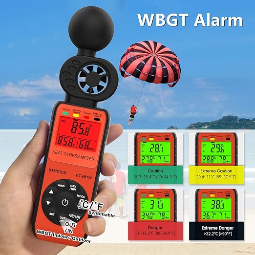 BTMETER BT-881W Heat Stress Meter Anemometer, Digital Indoor/Outdoor WBGT (Wet Bulb Globe Temperature) Meter with Wind Speed, Ambient Temp, Humidity Tester