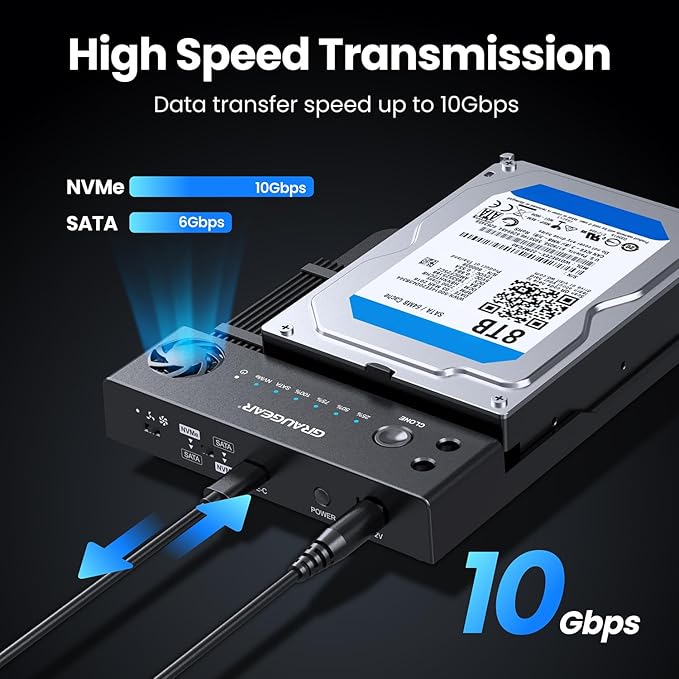 GRAUGEAR NVMe M.2 & SATA SSD/HDD Hard Drive Docking Station, USB-C 10Gbps NVMe Reader, SATA to M.2 NVMe Cloner, 2.5/3.5 Hard Drive Enclosure Clone Station, Dual Bay Offline Clone