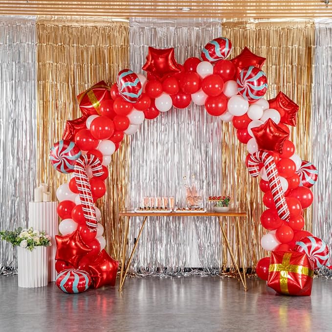 Restaurantware-Balloonify Christmas Balloon Arch Kit, 1 Holiday Decoration Kit - 138 Balloons, With Chain, Red And White Latex Balloon Arch Kit, Includes Glue Dots, Ribbon, Knot
