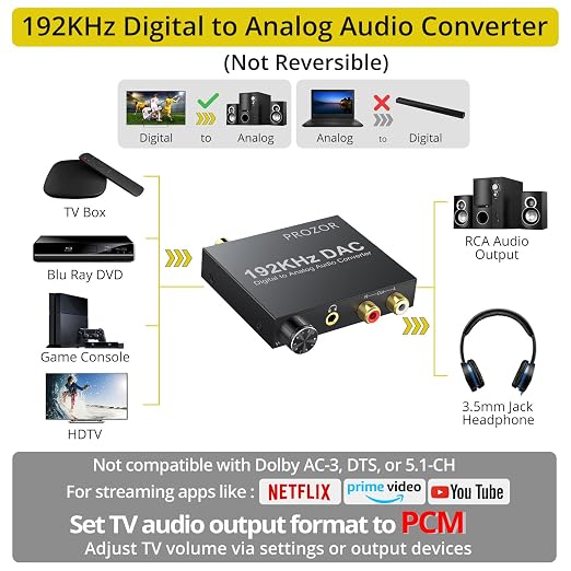 PROZOR 192KHz Digital to Analog Audio Converter Optical to RCA Adapter Upgrade Volume Adjustable DAC with Optical Cable, SPDIF TOSLINK to Stereo L/R & 3.5mm Jack Converters