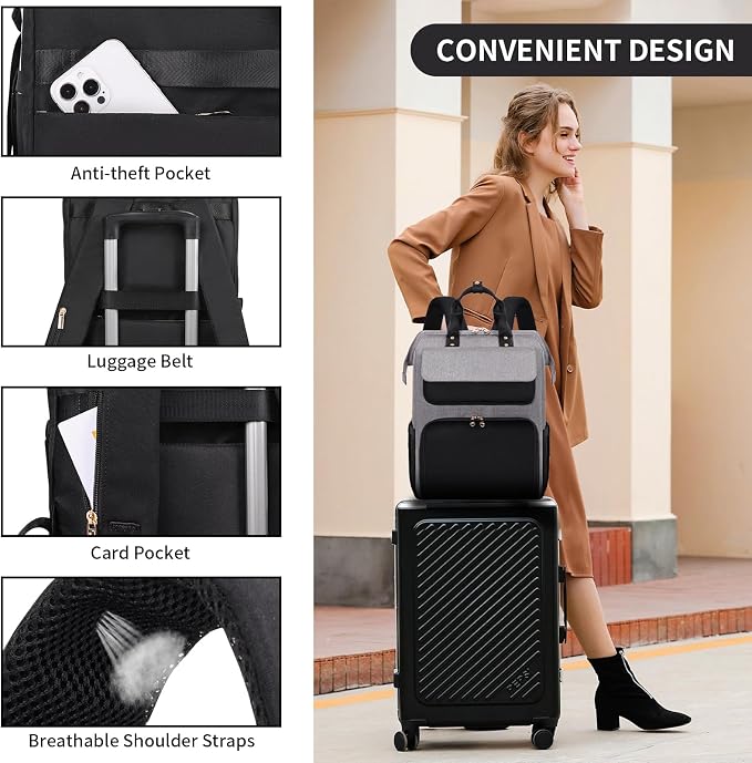 BERTASCHE Lunch Backpack for Women, 17.3 Inch Laptop Backpack with Insulated Cooler Lunch box, Nurse Backpack for Teacher Work Travel College Picnic,Black-Grey