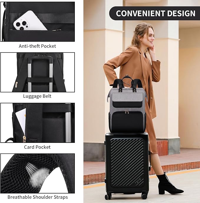 BERTASCHE Lunch Backpack for Women, 15.6 Inch Laptop Backpack with Insulated Cooler Lunch box, Nurse Backpack for Teacher Work Travel College Picnic,Black-Grey