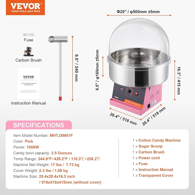 VEVOR Cotton Candy Machine Commercial, 1000W Electric Floss Maker with Cover, Stainless Steel Bowl, Sugar Scoop, Storage Drawer, Perfect for Home, Carnival, Kids Birthday, Family Party, Pink