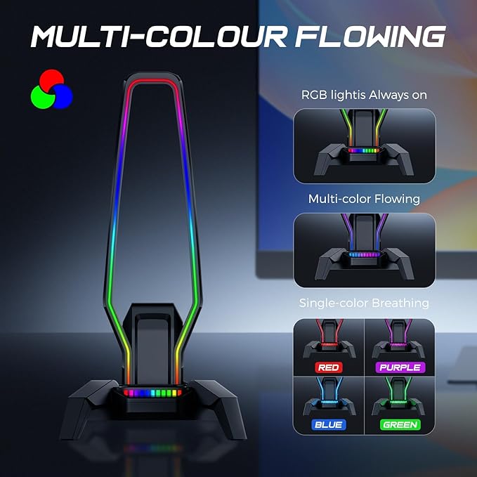 MARVO RGB Headphone Stand Data Transmission, 9 Lights Mode Headset Holder with 1 USB-C & 3 USB Ports & 1 3.5mm Jack Port, Ultimate Gaming Accessories for Gamers for PS, Xbox, PC