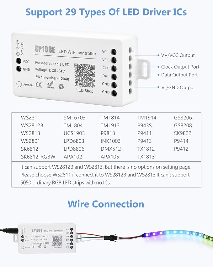 ALITOVE WS2812B LED Strip, 5mm Width Super Narrow RGB Addressable LED Light Strip 6.6ft 120 LEDs & SP108E LED WiFi Controller & 5V 5A Power Adapter