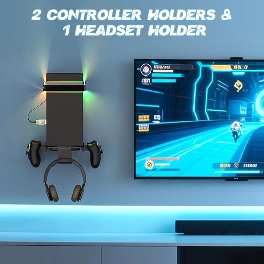 Wall Mount for Xbox Series X/S-Wall Mount Kit with 2 Controller Holder &1 Headset Stand & RGB Light, Xbox series X/S Wall Mounted Bracket Shelf Stand- Safely Organize Your Xbox X/S Series Accessories