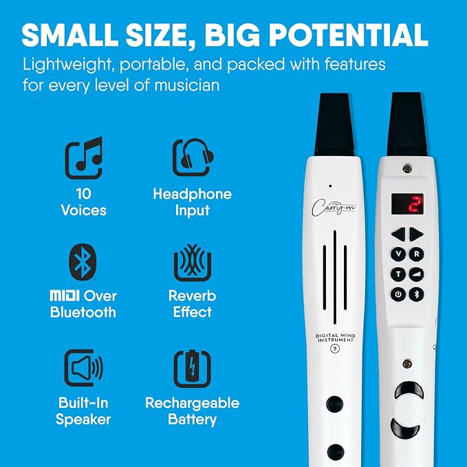 Carry-on Digital Wind Instrument 2 - Lightweight and Rechargeable - 10 Instrument Voices - Built-In Speaker and MIDI over Bluetooth for Performances and Practice Anywhere - White