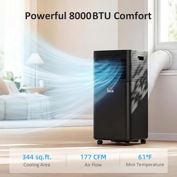 HOMCOM 8000 BTU Portable Air Conditioner for Rooms up to 344 Sq.Ft., 4-in-1 Mobile AC Unit with Dehumidifier, Cooling Fan, Sleep, Remote, 24H Timer, Auto Off, Window Installation Kit, Black