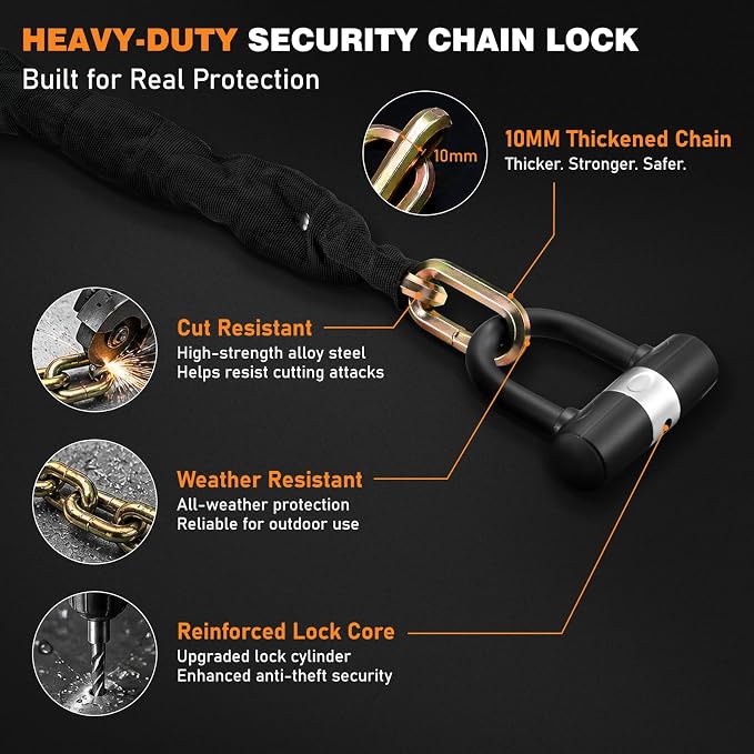 Heavy Duty Motorcycle Chain Lock, 10mm Hardened Steel Anti Theft Bike Lock Chain with U Lock & 4 Keys, 3.2FT Cut Resistant Security Lock for Motorcycle, E-Bike, Scooter, Bicycle, Gate - Gold