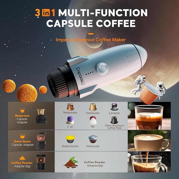 RECAFIMIL Portable Electric Espresso Machine, 3-in-1 Self-Heating Coffee Maker for Travel & Camping, 19 Bar Pressure, Compatible with Ground Coffee & NE-SPRESSO/Do-lce Guto Pods, Bright White