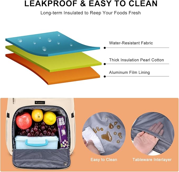 Lunch Backpack for Women, Water Resistant Insulated Cooler Lunch Bag, 15.6 inch Laptop Backpacks with USB Port, Picnic Backpack with Lunch Box for College Work Camping Beaches, Beige