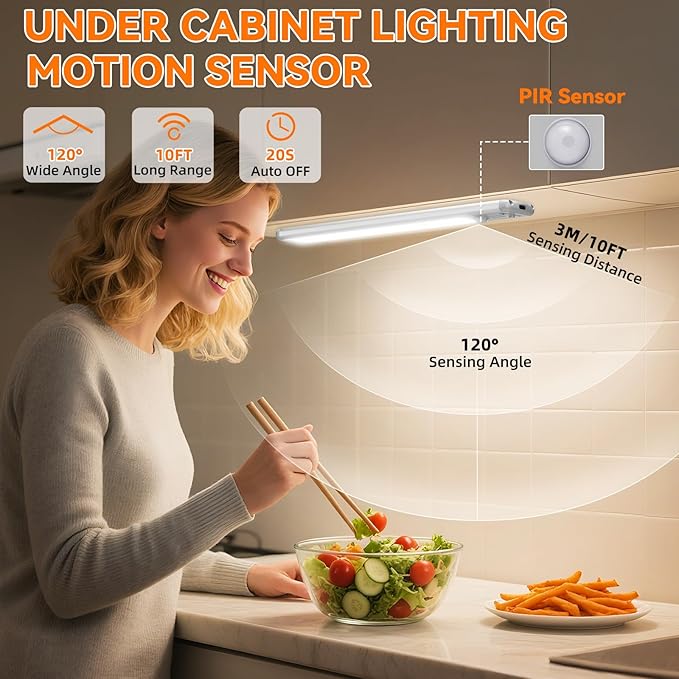 Under Cabinet Lighting Wireless, Rechargeable 10inch Motion Sensor Light Indoor, 3 Color Closet Light Battery Operated with LED Power Display, Magnetic Under Counter Lights for Kitchen, Home (6Pack)