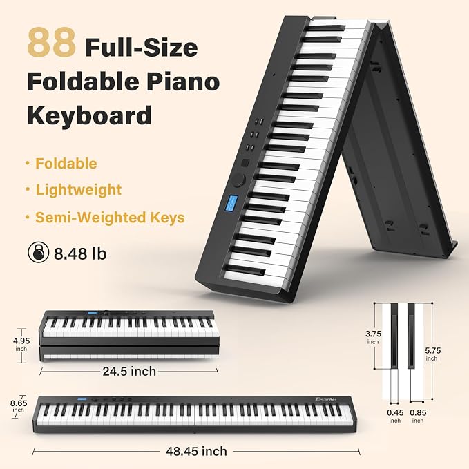 88 Key Folding Piano Keyboard, Portable Semi-Weighted Digital Piano with MIDI Support, Built-in Speakers, Rechargeable Battery, Travel Piano for Beginners