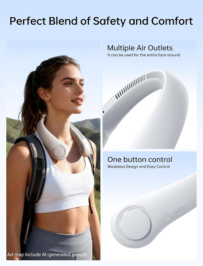 JISULIFE Portable Neck Fan, Hands-Free Bladeless, 5 Speeds, 4000 mAh Battery Operated Wearable Personal Fan, Twistable, Rechargeable, Gift for Women Men-Grey