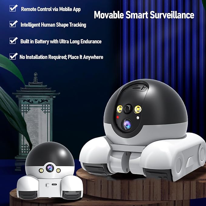 Pomya Robot Camera On Wheels, 2MP 1080P Dual Lens Rotatable, Movable Pet Camera with Phone APP, 2 Way Talk, Motion Detection, 5200mAh Battery, WiFi Indoor Security Camera for Dogs Cats