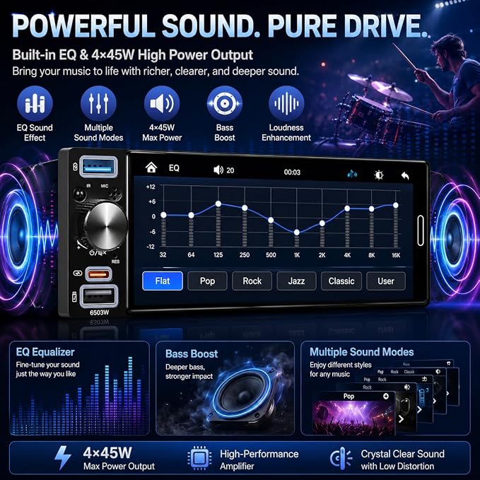 6.5" Single Din Car Stereo, Wireless Apple CarPlay Android Auto, Car Bluetooth 5.2, Car Radio with HD In-Cell IPS Touchscreen,FM/AM/RDS, Dual USB Type-C, HD Backup Camera, 180W Audio Output, Subwoofer