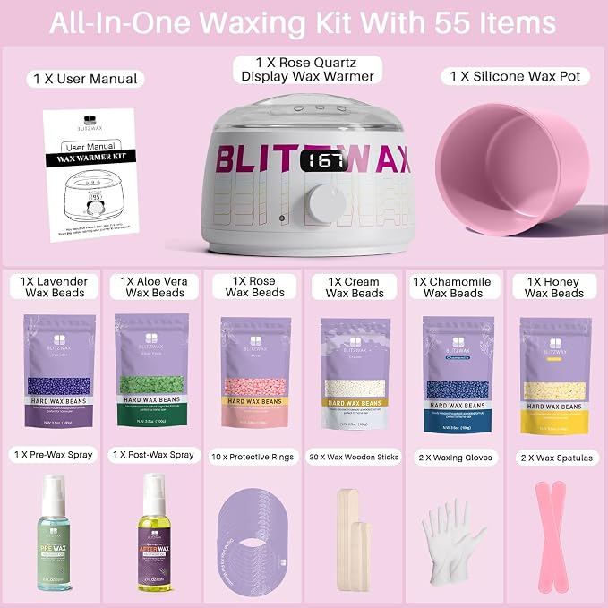 BLITZWAX Brazilian and Bikini Waxing Kit for Women, Hard Wax Warmer for Face, Legs, and Body, At Home Hair Removal Kit, Beginner Friendly, Quick Heating, Frost Reverb Digital Wax Pot